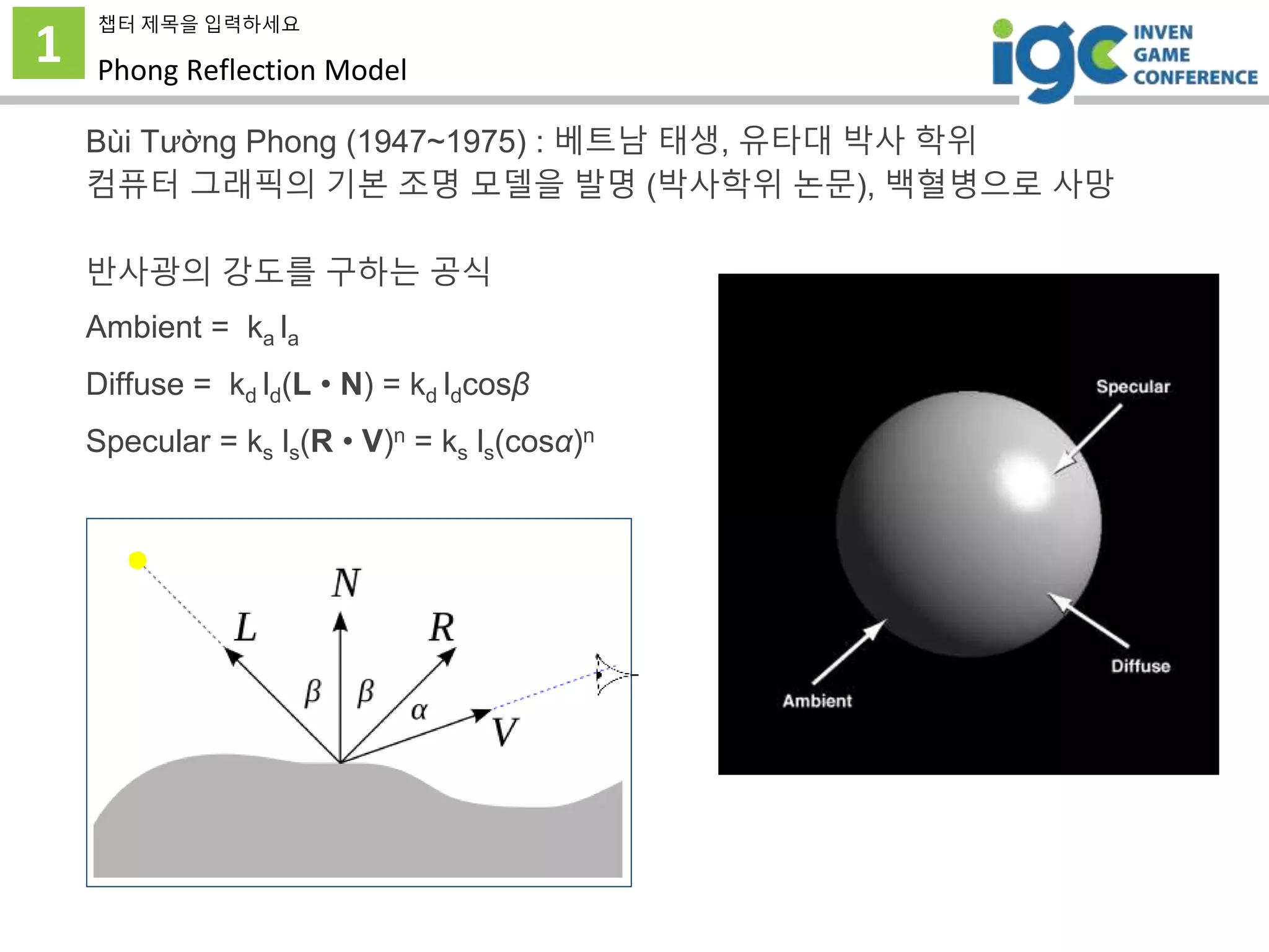 1
챕터 제목을 입력하세요
Phong Reflection Model
Bùi Tường Phong (1947~1975) : 베트남 태생, 유타대 박사 학위
컴퓨터 그래픽의 기본 조명 모델을 발명 (박사학위 논문), 백혈병으로 사망
반사광의 강도를 구하는 공식
Ambient = ka la
Diffuse = kd ld(L • N) = kd ldcosβ
Specular = ks ls(R • V)n = ks ls(cosα)n
 