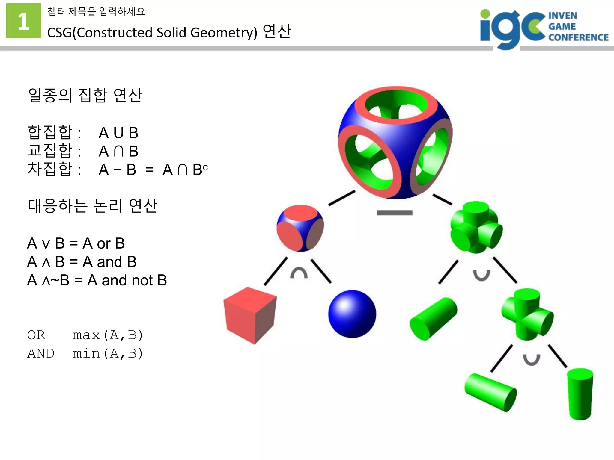 1
챕터 제목을 입력하세요
CSG(Constructed Solid Geometry) 연산
일종의 집합 연산
합집합 : A U B
교집합 : A ∩ B
차집합 : A − B = A ∩ Bc
대응하는 논리 연산
A ∨ B = A or B
A ∧ B = A and B
A ∧~B = A and not B
OR max(A,B)
AND min(A,B)
 