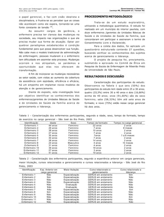 Rev Latino-am Enfermagem 2005 julho-agosto; 13(4)
www.eerp.usp.br/rlae
Gerenciamento e Liderança...
Lourenço MR, Shinyashiki GT, Trevizan MA.
Identificação Exp. Anterior em
cargo gerencial
Maior titulação Curso relacionado a
gerenciamento
Curso relacionado a
liderança
Enfermeiro 1 Não Especialização GERUS em andamento Sim
Enfermeiro 2 Sim Especialização GERUS em andamento Não
Enfermeiro 3 Não Especialização GERUS em andamento Não
Enfermeiro 4 Não Especialização GERUS em andamento Não
Enfermeiro 5 Não Graduação GERUS em andamento Não
Enfermeiro 6 Não Graduação GERUS em andamento Não
Enfermeiro 7 Não Especialização GERUS em andamento Sim
Enfermeiro 8 Sim Especialização GERUS em andamento Não
Enfermeiro 9 Não Especialização GERUS em andamento Não
Enfermeiro 10 Não Especialização GERUS em andamento Sim
Enfermeiro 11 Não Especialização GERUS em andamento Não
Enfermeiro 12 Não Especialização GERUS em andamento Não
o papel gerencial, o faz com visão idealista e
disciplinadora, e frustra-se ao perceber que as coisas
não acontecem como ele espera, tornando–se uma
fonte constante de tensão (4)
.
Ao assumir cargos de gerência, o
enfermeiro precisa ter clareza das mudanças na
sociedade, seu impacto nas organizações e que ele
precisa mudar sua forma de atuação. Optar por
quebrar paradigmas estabelecidos é condição
fundamental para que possa desenvolver sua função.
Não cabe mais o modelo tradicional de administração
de enfermagem; pessoas mudaram e o enfermeiro
tem dificuldade em assimilar este processo. Mudanças
ocorrem e nos atropelam, se perdemos a
oportunidade que elas nos oferecem de
transformação.
A fim de incorporar as mudanças necessárias
ao setor saúde, com vistas ao aumento da cobertura
da assistência com eqüidade, eficiência e eficácia,
há um empenho em implantar novos modelos de
atenção e de gerenciamento.
Diante do exposto, esta investigação teve
por objetivo identificar os conhecimentos dos
enfermeiros/gerentes de Unidades Básicas de Saúde
e de Unidades de Saúde da Família acerca de
gerenciamento e liderança.
Identificação Idade Sexo Tempo de formado Tempo no cargo gerencial
Enfermeiro 1 44 anos Feminino 22 anos 2 anos
Enfermeiro 2 29 anos Feminino 7 anos 8 meses
Enfermeiro 3 38 anos Feminino 15 anos 2 anos
Enfermeiro 4 27 anos Feminino 7 anos 2 anos
Enfermeiro 5 30 anos Feminino 7anos 1 a 6 meses
Enfermeiro 6 30 anos Feminino 7 anos 2 anos
Enfermeiro 7 38 anos Feminino 14 anos 2 anos
Enfermeiro 8 24 anos Masculino 4 anos 10 meses
Enfermeiro 9 31 anos Feminino 4 anos 2 anos
Enfermeiro 10 39 anos Feminino 18 anos 2 anos
Enfermeiro 11 27 anos Feminino 3 anos 2 anos
Enfermeiro 12 41 anos Feminino 19 anos 2 anos
PROCEDIMENTO METODOLÓGICO
Trata-se de um estudo exploratório,
utilizando a metodologia quantitativa. O estudo foi
realizado em um município do interior paulista, com
doze enfermeiros /gerentes de Unidades Básicas de
Saúde e de Unidades de Saúde da Família, que
concordaram em participar e assinaram o termo de
Consentimento Livre e Esclarecido.
Para a coleta dos dados, foi aplicado um
questionário estruturado contendo 27 questões,
buscando verificar os conhecimentos dos sujeitos
acerca de gerenciamento e liderança.
O projeto de pesquisa foi, previamente,
submetido e aprovado no Comitê de Ética em
Pesquisa da Escola de Enfermagem de Ribeirão Preto
da Universidade de São Paulo.
RESULTADOS E DISCUSSÃO
Caracterização dos participantes do estudo:
Observamos na Tabela 1 que seis (50%) dos
participantes do estudo tem idade entre 25 a 30 anos;
quatro (33,3%) entre 30 a 40 anos e dois (16,66%)
acima de 40 anos; onze (91,66%) são do sexo
feminino; sete (58,33%) têm até sete anos de
formado; e nove (75%) estão nesse cargo gerencial
há dois anos.
Tabela 1 - Caracterização dos enfermeiros participantes, segundo a idade, sexo, tempo de formado, tempo
de exercício no cargo gerencial - São José do Rio Preto, 2003
Tabela 2 - Caracterização dos enfermeiros participantes, segundo a experiência anterior em cargos gerenciais,
maior titulação, cursos relacionados a gerenciamento e cursos relacionados a liderança - São José do Rio
Preto, 2003
 