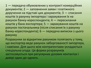 1 — передача обумовлених у контракті комерційних
документів; 2 — заповнення заяви і платіжного
доручення на підставі цих документів; 3 — списання
коштів із рахунку імпортера і зарахування їх на
рахунок банку-кореспондента; 4 — пересилання
коштів у банк експортера; 5 — зарахування коштів на
рахунок постачальника (після списання їх з рахунку
банку-кореспондента); 6 — передача виписки з цього
рахунку
Розрахунки за відкритим рахунком полягають у тому,
що експортер веде рахунок заборгованості імпортера,
і навпаки. Для цього між контрагентами укладається
спеціальна угода. Ця форма розрахунків
застосовується при регулярних ділових контактах і
довірі один до одного.
 