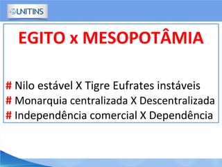 EGITO x MESOPOTÂMIA
# Nilo estável X Tigre Eufrates instáveis
# Monarquia centralizada X Descentralizada
# Independência comercial X Dependência
 