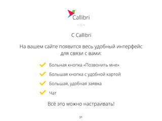 С Callibri
Больная кнопка «Позвонить мне»
Большая кнопка с удобной картой
Большая, удобная заявка
Чат
Всё это можно настраивать!
На вашем сайте появится весь удобный интерфейс
для связи с вами:
31
 