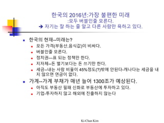 Ki-Chan Kim
한국의 2016년:가장 불편한 미래
:모두 버블인줄 모른다.
 자기는 잘 하는 줄 알고 다른 사람만 욕하고 있다.
 한국의 현재--미래는?
 모든 가격(부동산,음식값)이 비싸다.
 버블인줄 모른다.
 정치권—표 되는 정책만 한다.
 지자체--돈 벌기보다는 돈 쓰기만 한다.
 세금--내는 사람 비율이 45%정도(?)밖에 안된다-캐나다는 세금을 내
지 않으면 연금이 없다.
 가계--가계 부채가 매년 늘어 1300조가 예상된다.
 아직도 부동산 필패 신화로 부동산에 투자하고 있다.
 기업-투자하지 않고 해외에 진출하지 않는다
 