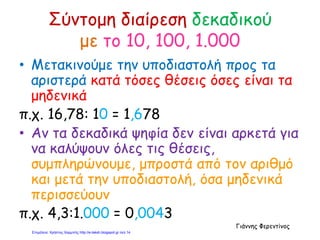 Σύντομη διαίρεση δεκαδικού
με το 10, 100, 1.000
• Μετακινούμε την υποδιαστολή προς τα
αριστερά κατά τόσες θέσεις όσες είναι τα
μηδενικά
π.χ. 16,78: 10 = 1,678
• Αν τα δεκαδικά ψηφία δεν είναι αρκετά για
να καλύψουν όλες τις θέσεις,
συμπληρώνουμε, μπροστά από τον αριθμό
και μετά την υποδιαστολή, όσα μηδενικά
περισσεύουν
π.χ. 4,3:1.000 = 0,0043
Γιάννης Φερεντίνος
Επιμέλεια: Χρήστος Χαρμπής http://e-taksh.blogspot.gr σελ.14
 