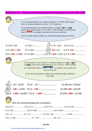 eva-edu
Κεφάλαιο 14 Γρήγοροι πολλαπλασιασμοί και διαιρέσεις με το 10, 100, 1.000
52 Χ10 =520 67 Χ10 =................. 6,25 Χ 10 = 62,5 8,35 Χ 10 = ...................
52 Χ 100= 5.200 67 Χ 100=.................. 6,25 Χ 100= 625 8,35 Χ 100 = ..................
52Χ 1.000= 52.000 67 Χ1.000=..................6,25 Χ 1.000= 6.250 8,35 Χ 1.000 = ..............
289,5 : 10 = 28,95 751,8 : 10 = .......................... 22.490:10 =2249,0
289,5 : 100 = 2,895 751,8 : 100 = ......................... 22.490:100 =224,90
289,5 : 1.000 =0,2895 751,8 : 1.000 =.................... 22.490:1.000 =22,490
Κάνε τους πολλαπλασιασμούς και τις διαιρέσεις
2,48 Χ 10 =..................... 238,5 Χ 10 =.....................0,09 Χ 10 = .................... 0,756 Χ 100=.......................
0,9 Χ 100=........................... 2,48 Χ 1.000=.................................. 0,6 Χ 1.000= .................................
4,28 : 10 = ......................5,9 : 10= ........................ 617,100 : 100= ........................ 7:1.000 = ........................
538,2 : 1.000 = .............................. 0,7 : 100 = .......................... 448 : 10 =........................................
Για να πολλαπλασιάσω έναν ακέραιο αριθμό με το 10,100,1.000 γράφω
ξανά τον αριθμό και βάζω στο τέλος 1,2 ή 3 μηδενικά.
Για να πολλαπλασιάσω έναν δεκαδικό αριθμό με το 10, το 100 ή το 1.000
μετράω πόσα μηδενικά έχει το 10, το 100, το 1.000 και βάζω την υποδιαστολή
προς τα του αριθμού τόσες φορές όσα είναι τα μηδενικά
Αν δεν έχω άλλο αριθμό να βάλω την υποδιαστολή βάζω μηδενικά στο τέλος
Για να διαιρέσω έναν ακέραιο ή δεκαδικό αριθμό με το 10, το 100 ή
το 1.000 μετράω πόσα μηδενικά έχει το 10, το 100, το 1.000 και βάζω
την υποδιαστολή προς τα του αριθμού τόσες φορές όσα
είναι τα μηδενικά
Αν δεν έχω άλλο αριθμό να βάλω την υποδιαστολή βάζω μηδενικά
στην αρχή
Επιμέλεια: Χρήστος Χαρμπής http://e-taksh.blogspot.gr σελ.2
 