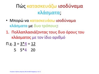 Και λίγες ασκήσεις……
1. Συμπληρώνω τα κενά με τον κατάλληλο αριθμό, ώστε τα κλάσματα να είναι ισοδύναμα:
7
1
=
....
5
8
4
=
4
....
6
3
=
....
30
10
2
=
30
....
12
6
=
....
1
2. Φτιάχνω ισοδύναμα κλάσματα που να είναι ισοδύναμα με τα αρχικά…
πολλαπλασιάζοντας τους όρους πολλαπλασιάζοντας τους όρους
με το 2: με το 3:
3
1
=
....
....
=
....
....
8
2
=
....
....
=
....
....
διαιρώντας τους όρους διαιρώντας τους όρους
με το 5: τη μία φορά με το 3 και την άλλη με το 2:
100
25
=
....
....
=
....
....
18
6
=
....
....
=
....
....
3. Κυκλώνω τα κλάσματα που είναι ισοδύναμα με το αρχικό:
το
4
3
είναι ισοδύναμο με τα:
5
1
8
6
40
30
4
2
το
15
10
είναι ισοδύναμο με τα:
3
2
7
4
30
20
9
6
Σκουλλή Νατάσα
 