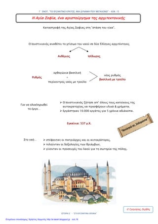 15. Η Αγία Σοφία, ένα αριστούργημα της αρχιτεκτονικής
Αγία Σοφία
Αρχιτέκτονες Ρυθμός Εγκαίνια
Ανθέμιος
Ισίδωρος
Βασιλική + Περίκεντρος =
Βασιλική με τρούλο
537 μ.Χ.
(διάρκεια έργου: 5 χρόνια)
 