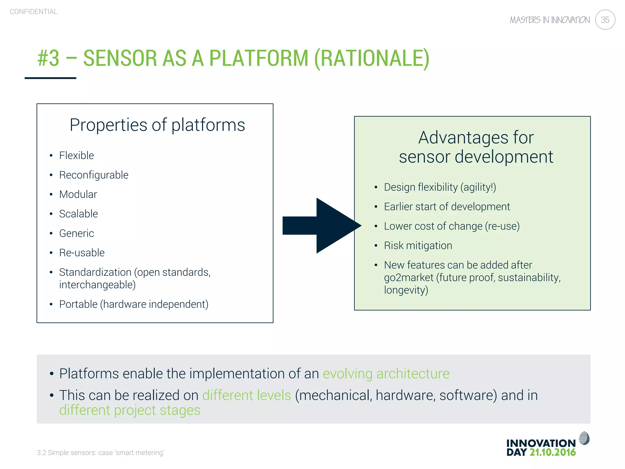 3.2 Simple sensors: case ‘smart metering’
CONFIDENTIAL
35
#3 – SENSOR AS A PLATFORM (RATIONALE)
Properties of platforms
• Flexible
• Reconfigurable
• Modular
• Scalable
• Generic
• Re-usable
• Standardization (open standards,
interchangeable)
• Portable (hardware independent)
• Platforms enable the implementation of an evolving architecture
• This can be realized on different levels (mechanical, hardware, software) and in
different project stages
Advantages for
sensor development
• Design flexibility (agility!)
• Earlier start of development
• Lower cost of change (re-use)
• Risk mitigation
• New features can be added after
go2market (future proof, sustainability,
longevity)
 
