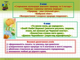 3 клас
«Сторінками календаря вивчимо природу та її погоду».
«Черпаю з криниці свячену водицю».
«Природа - наш спільний дім».
«Бабусині ліки».
«Використання і охорона природи людиною».
4 клас
«Та земля мила, де народила».
«Знай! Люби! Бережи! (вивчити рослини, тварини,
птахи, які занесені до Червоної книги)».
«Екологічна стежка мого краю».
«Дзвони Чорнобиля» (перегляд відеофільму)» .
Виховні досягнення учнів
 сформованість понять та уявлень про довкілля:
 усвідомлення краси природи та її значення в житті людини;
 дбайливе ставлення до навколишнього середовище;
 виховання любові до рідного краю.
 