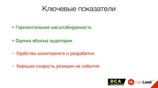 Ключевые показатели
+ Горизонтальная масштабируемость
+ Оценка объема аудитории
— Удобство мониторинга и разработки
— Хорошая скорость реакции на события
 