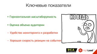 Ключевые показатели
+ Горизонтальная масштабируемость
+ Оценка объема аудитории
— Удобство мониторинга и разработки
— Хорошая скорость реакции на события
 