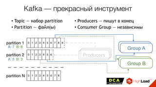 • Topic — набор partition
• Partition — файл(ы)
• Producers — пишут в конец
• Consumer Group — независимы
partition 1
partition 2
partition N
Producers
Consumer AA: 7
A: 5 B: 3
B: 8
Group A
Consumer BGroup B
Kafka — прекрасный инструмент
 