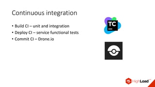 Continuous integration
• Build CI – unit and integration
• Deploy CI – service functional tests
• Commit CI – Drone.io
 