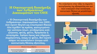 Η Οικουμενική διακήρυξη
των Ανθρώπινων
Δικαιωμάτων του ΟΗΕ
• Η Οικουμενική διακήρυξη των
Ανθρώπινων Δικαιωμάτων του ΟΗΕ,
που έχουν δεχτεί ως εσωτερικό δίκαιο
όλα σχεδόν τα κράτη, κατοχυρώνει
την ισότητα όλων, ανεξάρτητα από
γλώσσα, φυλή, φύλο, θρησκεία ή
αναπηρία. Ακόμα όμως και σήμερα,
παράγοντες, όπως το φύλο, δεν έχουν
πάψει να αποκλείουν άτομα από
κοινωνικές θέσεις εξουσίας.
Να συζητήσετε στην τάξη τη σημασία
κατοχύρωσης της αξιοκρατίας και των
ίσων ευκαιριών στην κατάκτηση
κοινωνικών θέσεων με μεγαλύτερη
εξουσία.
 