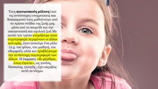 Τους κοινωνικούς ρόλους (και
τις αντίστοιχες υποχρεώσεις και
δικαιώματα) τους μαθαίνουμε από
τα πρώτα στάδια της ζωής μας
μέσα από το παιχνίδι και την
οικογενειακή και σχολική ζωή Με
αυτόν τον τρόπο γνωρίζουμε ποια
συμπεριφορά περιμένουν οι άλλοι
από εμάς, όταν ασκούμε ένα ρόλο
(π.χ. του φίλου, του μαθητή, του
αδερφού), αλλά και προβλέπουμε
την αντίστοιχη συμπεριφορά των
άλλων. Η έκφραση «δε φέρθηκε,
όπως έπρεπε», ως γονέας,
δάσκαλος, γιατρός , έχει ακριβώς
αυτό το νόημα.
 