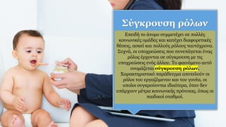 Σύγκρουση ρόλων
Επειδή το άτομο συμμετέχει σε πολλές
κοινωνικές ομάδες και κατέχει διαφορετικές
θέσεις, ασκεί και πολλούς ρόλους ταυτόχρονα.
Συχνά, οι υποχρεώσεις που συνεπάγεται ένας
ρόλος έρχονται σε σύγκρουση με τις
υποχρεώσεις ενός άλλου. Το φαινόμενο αυτό
ονομάζεται σύγκρουση ρόλων.
Χαρακτηριστικό παράδειγμα αποτελούν οι
ρόλοι του εργαζόμενου και του γονέα, οι
οποίοι συγκρούονται ιδιαίτερα, όταν δεν
υπάρχουν μέτρα κοινωνικής πρόνοιας, όπως οι
παιδικοί σταθμοί.
 