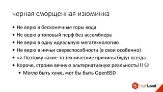 черная сморщенная изюминка
• Не верю в бесконечные горы кода
• Не верю в топовый перф без ассемблера
• Не верю в одну идеальную мегатехнологию
• Не верю в ничьи сверхспособности (в свои особенно)
• => Поэтому какие-то технические причины будут всегда
• Короче, строим вечную альтернативную реальность!!! 
• Могло быть хуже, мог бы быть OpenBSD
 