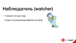 Наблюдатель (watcher)
++ 1 процесс на одну ноду
++ Следит за изменениями файлов настроек
 