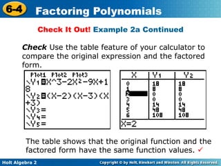 Holt Algebra 2
6-4 Factoring Polynomials
Check It Out! Example 2a Continued
Check Use the table feature of your calculator to
compare the original expression and the factored
form.
The table shows that the original function and the
factored form have the same function values. 
 
