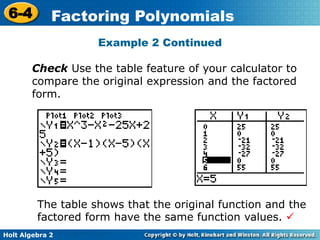 Holt Algebra 2
6-4 Factoring Polynomials
Example 2 Continued
Check Use the table feature of your calculator to
compare the original expression and the factored
form.
The table shows that the original function and the
factored form have the same function values. 
 