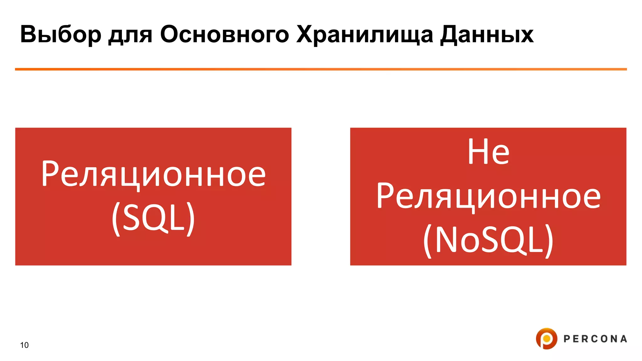 10
Выбор для Основного Хранилища Данных
Реляционное
(SQL)
Не
Реляционное
(NoSQL)
 