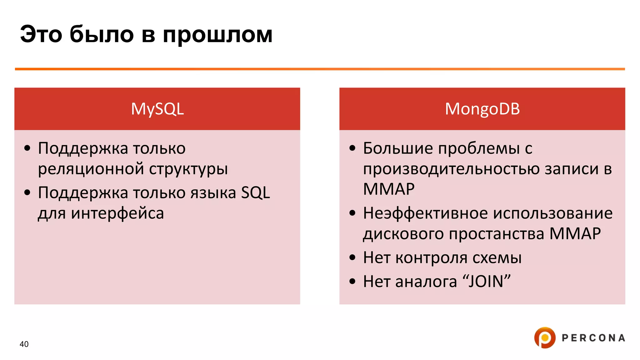 40
Это было в прошлом
MySQL
• Поддержка только
реляционной структуры
• Поддержка только языка SQL
для интерфейса
MongoDB
• Большие проблемы с
производительностью записи в
MMAP
• Неэффективное использование
дискового простанства MMAP
• Нет контроля схемы
• Нет аналога “JOIN”
 