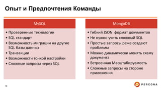 18
Опыт и Предпочтения Команды
MySQL
• Проверенные технологии
• SQL стандарт
• Возможность миграции на другие
SQL базы данных
• Транзакции
• Возможности тонкой настройки
• Сложные запросы через SQL
MongoDB
• Гибкий JSON формат документов
• Не нужно учить сложный SQL
• Простые запросы реже создают
проблемы
• Можно динамически менять схему
документа
• Встроенная Масштабируемость
• Сложные запросы на стороне
приложения
 
