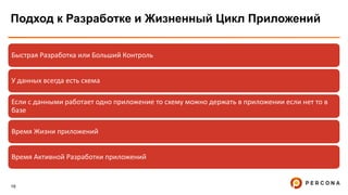 19
Подход к Разработке и Жизненный Цикл Приложений
Быстрая Разработка или Больший Контроль
У данных всегда есть схема
Если с данными работает одно приложение то схему можно держать в приложении если нет то в
базе
Время Жизни приложений
Время Активной Разработки приложений
 
