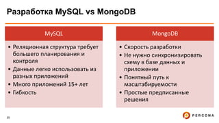 20
Разработка MySQL vs MongoDB
MySQL
• Реляционная структура требует
большего планирования и
контроля
• Данные легко использовать из
разных приложений
• Много приложений 15+ лет
• Гибкость
MongoDB
• Скорость разработки
• Не нужно синхронизировать
схему в базе данных и
приложении
• Понятный путь к
масштабируемости
• Простые предписанные
решения
 