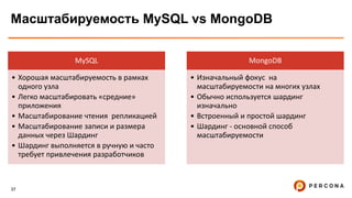 37
Масштабируемость MySQL vs MongoDB
MySQL
• Хорошая масштабируемость в рамках
одного узла
• Легко масштабировать «средние»
приложения
• Масштабирование чтения репликацией
• Масштабирование записи и размера
данных через Шардинг
• Шардинг выполняется в ручную и часто
требует привлечения разработчиков
MongoDB
• Изначальный фокус на
масштабируемости на многих узлах
• Обычно используется шардинг
изначально
• Встроенный и простой шардинг
• Шардинг - основной способ
масштабируемости
 