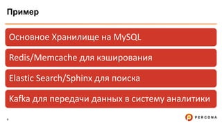 9
Пример
Основное Хранилище на MySQL
Redis/Memcache для кэширования
Elastic Search/Sphinx для поиска
Kafka для передачи данных в систему аналитики
 
