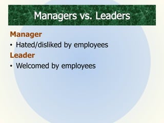 Manager
• Hated/disliked by employees
Leader
• Welcomed by employees
 