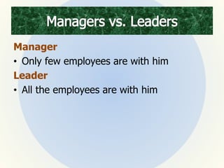 Manager
• Only few employees are with him
Leader
• All the employees are with him
 