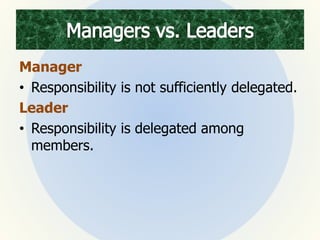 Manager
• Responsibility is not sufficiently delegated.
Leader
• Responsibility is delegated among
members.
 