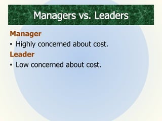 Manager
• Highly concerned about cost.
Leader
• Low concerned about cost.
 