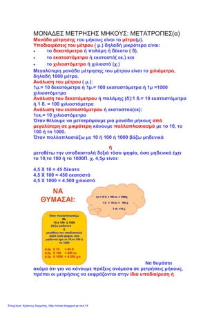 ΜΟΝΑΔΕΣ ΜΕΤΡΗΣΗΣ ΜΗΚΟΥΣ: ΜΕΤΑΤΡΟΠΕΣ(α)
Μονάδα μέτρησης του μήκους είναι το μέτρο(μ).
Υποδιαιρέσεις του μέτρου ( μ.) δηλαδή μικρότερα είναι:
• το δεκατόμετρο ή παλάμη ή δέκατο ( δ),
• το εκατοστόμετρο ή εκατοστό( εκ.) και
• το χιλιοστόμετρο ή χιλιοστό (χ.)
Mεγαλύτερη μονάδα μέτρησης του μέτρου είναι το χιλιόμετρο,
δηλαδή 1000 μέτρα.
Ανάλυση του μέτρου ( μ.):
1μ.= 10 δεκατόμετρα ή 1μ.= 100 εκατοστόμετρα ή 1μ =1000
χιλιοστόμετρα
Ανάλυση του δεκατόμετρου ή παλάμης (δ):1 δ.= 10 εκατοστόμετρα
ή 1 δ. = 100 χιλιοστόμετρα
Ανάλυση του εκατοστόμετρου ή εκατοστού(εκ):
1εκ.= 10 χιλιοστόμετρα
Όταν θέλουμε να μετατρέψουμε μια μονάδα μήκους από
μεγαλύτερη σε μικρότερη κάνουμε πολλαπλασιασμό με το 10, το
100 ή το 1000.
Όταν πολλαπλασιάζω με 10 ή 100 ή 1000 βάζω μηδενικά
ή
μεταθέτω την υποδιαστολή δεξιά τόσα ψηφία, όσα μηδενικά έχει
το 10,το 100 ή το 1000Π. χ. 4,5μ είναι:
4,5 Χ 10 = 45 δέκατα
4,5 Χ 100 = 450 εκατοστά
4,5 Χ 1000 = 4.500 χιλιοστά
Να θυμάσαι
ακόμα ότι για να κάνουμε πράξεις ανάμεσα σε μετρήσεις μήκους,
πρέπει οι μετρήσεις να εκφράζονται στην ίδια υποδιαίρεση ή
Επιμέλεια: Χρήστος Χαρμπής http://xristx.blogspot.gr σελ.14
 