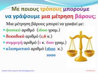 Με ποιους τρόπους μπορούμε
να γράψουμε μια μέτρηση βάρους;
Μια μέτρηση βάρους μπορεί να γραφεί με:
 φυσικό αριθμό (1600 γραμ.)
 δεκαδικό αριθμό (1,6 κ.)
 συμμιγή αριθμό (1 κ. 600 γραμ.)
 κλασματικό αριθμό (1600 κ.)
1000
Γιάννης ΦερεντίνοςΕπιμέλεια: Χρήστος Χαρμπής http://xristx.blogspot.gr σελ.4
 