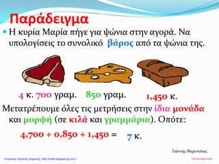 Παράδειγμα
 Η κυρία Μαρία πήγε για ψώνια στην αγορά. Να
υπολογίσεις το συνολικό βάρος από τα ψώνια της.
Μετατρέπουμε όλες τις μετρήσεις στην ίδια μονάδα
και μορφή (σε κιλά και γραμμάρια). Οπότε:
1,450 κ.850 γραμ.4 κ. 700 γραμ.
4,700 + 0,850 + 1,450 = 7 κ.
Γιάννης Φερεντίνος
Γιάννης ΦερεντίνοςΕπιμέλεια: Χρήστος Χαρμπής http://xristx.blogspot.gr σελ.7
 