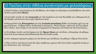Ο Παύλος στην Αθήνα συνάντηση με φιλοσόφους
16 Ἐνῷ ὁ Παῦλος τοὺς ἐπερίμενε εἰς τὰς Ἀθήνας, τὸ πνεῦμά του ἐξεγείρετο, ἐπειδὴ ἔβλεπε τὴν πόλιν
νὰ εἶναι γεμάτη ἀπὸ εἴδωλα.
17 Συζητοῦσε λοιπὸν εἰς τὴν συναγωγὴν μὲ τοὺς Ἰουδαίους καὶ τοὺς θεοσεβεῖς καί, καθημερινῶς εἰς
τὴν ἀγοράν, μὲ ἐκείνους ποὺ τυχὸν εὑρίσκοντο ἐκεῖ.
18 Μερικοὶ ἀπὸ τοὺς Ἐπικουρείους καὶ τοὺς Στωϊκοὺς φιλοσόφους ἦλθαν εἰς ἐπαφὴν μαζί του καὶ
μερικοὶ ἔλεγαν, «Τί ἆραγε θέλει νὰ πῇ αὐτὸς ὁ φλύαρος;». Ἄλλοι ἔλεγαν, «Φαίνεται νὰ εἶναι κῆρυξ
ξένων θεῶν». Διότι ἐκήρυττε εἰς αὐτοὺς τὸ χαρμόσυνον ἄγγελμα τοῦ Ἰησοῦ καὶ τῆς ἀναστάσεως.
19 Τὸν ἐπῆραν λοιπὸν καὶ τὸν ἔφεραν εἰς τὸν Ἄρειον Πάγον καὶ τοῦ εἶπαν, «Μποροῦμε νὰ μάθωμε
ποιά εἶναι ἡ καινούργια αὐτὴ διδασκαλία διὰ τὴν ὁποῖαν μιλᾶς;
20 Κάτι περίεργα πράγματα φέρεις εἰς τὴν ἀκοήν μας καὶ θέλομε νὰ μάθωμε τί ἆραγε εἶναι αὐτά».
21 Ὅλοι οἱ ξένοι ποὺ ἔμεναν ἐκεῖ, δὲν εἶχαν διαθέσιμον χρόνον διὰ τίποτε ἄλλο παρὰ διὰ νὰ λέγουν
καὶ νὰ ἀκούουν κάτι νεώτερον.
 
