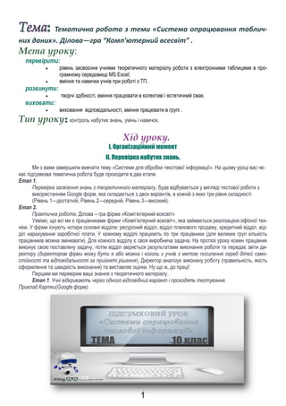 1
Тематична робота з теми «Система опрацювання таблич-
них даних». Ділова—гра “Комп’ютерний всесвіт” .
Мета уроку:
перевірити:
 рівень засвоєння учнями теоретичного матеріалу роботи з електронними таблицями в про-
грамному середовищі MS Excel;
 вміння та навички учнів при роботі з ТП.
розвинути:
 творчі здібності, вміння працювати в колективі і естетичний смак.
виховати:
 виховання відповідальності, вміння працювати в групі .
Тип уроку: контроль набутих знань, умінь і навичок.
Хід уроку.
І. Організаційний момент
ІІ. Перевірка набутих знань.
Ми з вами завершили вивчати тему «Системи для обробки текстової інформації». На цьому уроці вас че-
кає підсумкова тематична робота буде проходити в два етапи.
Етап 1.
Перевірка засвоєння знань з теоретичного матеріалу, буде відбувається у вигляді тестової роботи з
використанням Google форм, яка складається з двох варіантів, в кожній з яких три рівня складності
(Рівень 1—достатній, Рівень 2—середній, Рівень 3—високий).
Етап 2.
Практична робота. Ділова – гра фірма «Комп’ютерний всесвіт»
Уявімо, що всі ми є працівниками фірми «Комп’ютерний всесвіт», яка займається реалізацією офісної тех-
ніки. У фірми існують чотири основні відділи: ресурсний відділ, відділ планового продажу, кредитний відділ, від-
діл нарахування заробітної плати. У кожному відділі працюють по три працівники (для великих груп кількість
працівників можна змінювати). Для кожного відділу є своя виробнича задача. На протязі уроку кожен працівник
виконує свою поставлену задачу, потім відділ звіряється результатами виконання роботи та передає звіти ди-
ректору (директором фірми можу бути я або можна і когось з учнів з метою посилення серед дітей само-
стійності та відповідальності за прийняті рішення). Директор аналізує виконану роботу (правильність, якість
оформлення та швидкість виконання) та виставляє оцінки. Ну що ж, до праці!
Першим ми перевірим ваші знання з теоретичного матеріалу.
Етап 1. Учні відкривають через одного відповідний варіант і проходять тестування.
Приклад Картки(Google форм).
 