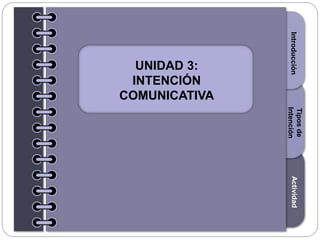 Section1Section2Section3
UNIDAD 3:
INTENCIÓN
COMUNICATIVA
Introducción
Tiposde
Intención
Actividad
 