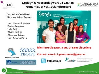 Otology & Neurotology Group CTS495-
Genomics of vestibular disorders
Genomics of vestibular
disorders Lab at Granada
•Juan Manuel Espinosa
•Teresa Requena
•Lidia Frejo
•Alvaro Gallego
•Alejandra Estepa
•Juan Antonio Zarza
Meniere disease, a set of rare disorders
Contact: antonio.lopezescamez@genyo.es
#ALEscamez
 