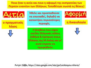 Ήθελε και προσπαθούσε
να επεκταθεί, δηλαδή να
κατακτήσει περισσότερες
περιοχές.
Ποια ήταν η αιτία και ποια η αφορμή της εκστρατείας των
Περσών εναντίον των Ελλήνων; Τοποθέτησε σωστά τις θέσεις!
Η βοήθεια που είχαν
στείλει Ελληνικές πόλεις
(Αθήνα & Ερέτρια) στους
Έλληνες της Μ.Ασίας και γι’
αυτό έπρεπε να
τιμωρηθούν.
ο πραγματικός
λόγος
η δικαιολογία
 