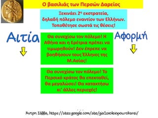 Ξεκινάει 2η εκστρατεία,
δηλαδή πόλεμο εναντίον των Ελλήνων.
Τοποθέτησε σωστά τις θέσεις!
Θα συνεχίσω τον πόλεμο! Η
Αθήνα και η Ερέτρια πρέπει να
τιμωρηθούν! Δεν έπρεπε να
βοηθήσουν τους Έλληνες της
Μ.Ασίας!
Ο βασιλιάς των Περσών Δαρείος
Θα συνεχίσω τον πόλεμο! Το
Περσικό κράτος θα επεκταθεί,
θα μεγαλώσει! Θα κατακτήσω
κι’ άλλες περιοχές!
 