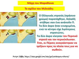 Μάχη του Μαραθώνα
Το σχέδιο του Μιλτιάδη:
Ο Ελληνικός στρατός (πράσινο
χρώμα) παρατάχθηκε, δηλαδή
στήθηκε σαν ένα ανάποδο Π.
Τα δύο άκρα ήταν ενισχυμένα,
ενώ το κέντρο είχε λιγότερους
στρατιώτες.
Τα δύο άκρα νίκησαν τον Περσικό
στρατό και τον περικύκλωσαν.
Έτσι, οι Πέρσες αναγκάστηκαν να
τρέξουν προς τα πλοία τους για να
σωθούν.
 