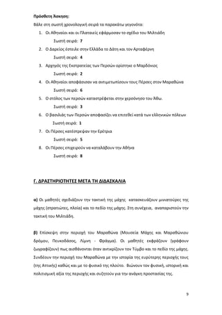 9
Πρόσθετη Άσκηση:
Βάλε στη σωστή χρονολογική σειρά τα παρακάτω γεγονότα:
1. Οι Αθηναίοι και οι Πλαταιείς εφάρμοσαν το σχέδιο του Μιλτιάδη
Σωστή σειρά: 7
2. Ο Δαρείος έστειλε στην Ελλάδα το Δάτη και τον Αρταφέρνη
Σωστή σειρά: 4
3. Αρχηγός της Εκστρατείας των Περσών ορίστηκε ο Μαρδόνιος
Σωστή σειρά: 2
4. Οι Αθηναίοι αποφάσισαν να αντιμετωπίσουν τους Πέρσες στον Μαραθώνα
Σωστή σειρά: 6
5. Ο στόλος των περσών καταστρέφεται στην χερσόνησο του Άθω.
Σωστή σειρά: 3
6. Ο βασιλιάς των Περσών αποφασίζει να επιτεθεί κατά των ελληνικών πόλεων
Σωστή σειρά: 1
7. Οι Πέρσες κατέστρεψαν την Ερέτρια
Σωστή σειρά: 5
8. Οι Πέρσες επιχειρούν να καταλάβουν την Αθήνα
Σωστή σειρά: 8
Γ. ΔΡΑΣΤΗΡΙΟΤΗΤΕΣ ΜΕΤΑ ΤΗ ΔΙΔΑΣΚΑΛΙΑ
α) Οι μαθητές σχεδιάζουν την τακτική της μάχης κατασκευάζουν μινιατούρες της
μάχης (στρατιώτες, πλοία) και το πεδίο της μάχης. Στη συνέχεια, αναπαριστούν την
τακτική του Μιλτιάδη.
β) Επίσκεψη στην περιοχή του Μαραθώνα (Μουσεία Μάχης και Μαραθώνιου
δρόμου, Πευκοδάσος, Λίμνη - Φράγμα). Οι μαθητές εκφράζουν (γράφουν
ζωγραφίζουν) πως αισθάνονται όταν αντικρίζουν τον Tύμβο και το πεδίο της μάχης.
Συνδέουν την περιοχή του Μαραθώνα με την ιστορία της ευρύτερης περιοχής τους
(της Αττικής) καθώς και με το φυσικό της πλούτο. Βιώνουν τον φυσική, ιστορική και
πολιτισμική αξία της περιοχής και συζητούν για την ανάγκη προστασίας της.
 