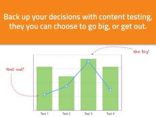 Back up your decisions with content testing,  
they you can choose to go big, or get out.
0
17.5
35
52.5
70
0
15
30
45
60
...