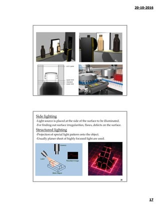 20-10-2016
17
33
Side lighting
-Light source is placed at the side of the surface to be illuminated.
-For finding out surface irregularities, flaws, defects on the surface.
Structured lighting
-Projection of special light pattern onto the object.
-Usually planer sheet of highly focused light are used.
34
 