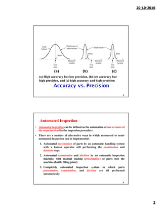 20-10-2016
2
(a) High accuracy but low precision, (b) low accuracy but
high precision, and (c) high accuracy and high precision
(a) (b) (c)
3
• Automated inspection can be defined as the automation of one or more of
the steps involved in the inspection procedure.
• There are a number of alternative ways in which automated or semi-
automated inspection can be implemented:
1. Automated presentation of parts by an automatic handling system
with a human operator will performing the examination and
decision steps.
2. Automated examination and decision by an automatic inspection
machine, with manual loading (presentation) of parts into the
machine.(bottle filling plant)
3. Completely automated inspection system in which parts
presentation, examination, and decision are all performed
automatically.
Automated Inspection
4
 
