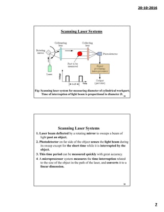 20-10-2016
7
Fig: Scanning laser system for measuring diameter of cylindrical workpart;
Time of interruption of light beam is proportional to diameter D.
Scanning Laser Systems
13
1. Laser beam deflected by a rotating mirror to sweeps a beam of
light past an object.
2. Photodetector on far side of the object senses the light beam during
its sweep except for the short time while it is interrupted by the
object.
3. This time period can be measured quickly with great accuracy.
4. A microprocessor system measures the time interruption related
to the size of the object in the path of the laser, and converts it to a
linear dimension.
Scanning Laser Systems
14
 